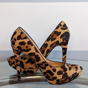 JESSICA SIMPSON PONY HAIR POINTED TOE LEOPARD PLATFORM HEELS PUMPS BLACK TAN
